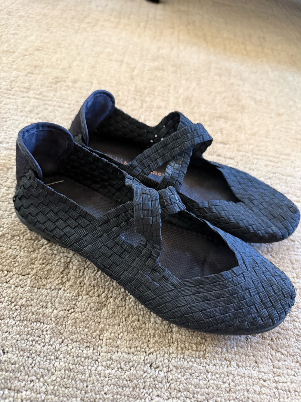 bernie mev. Black Woven Mary Jane Flats with Cross-Strap